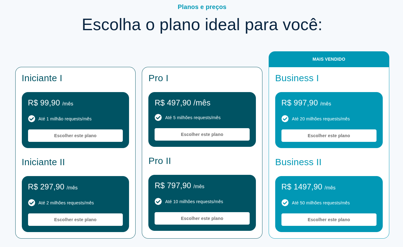 Página de planos da Waster para uso com GTM server-side